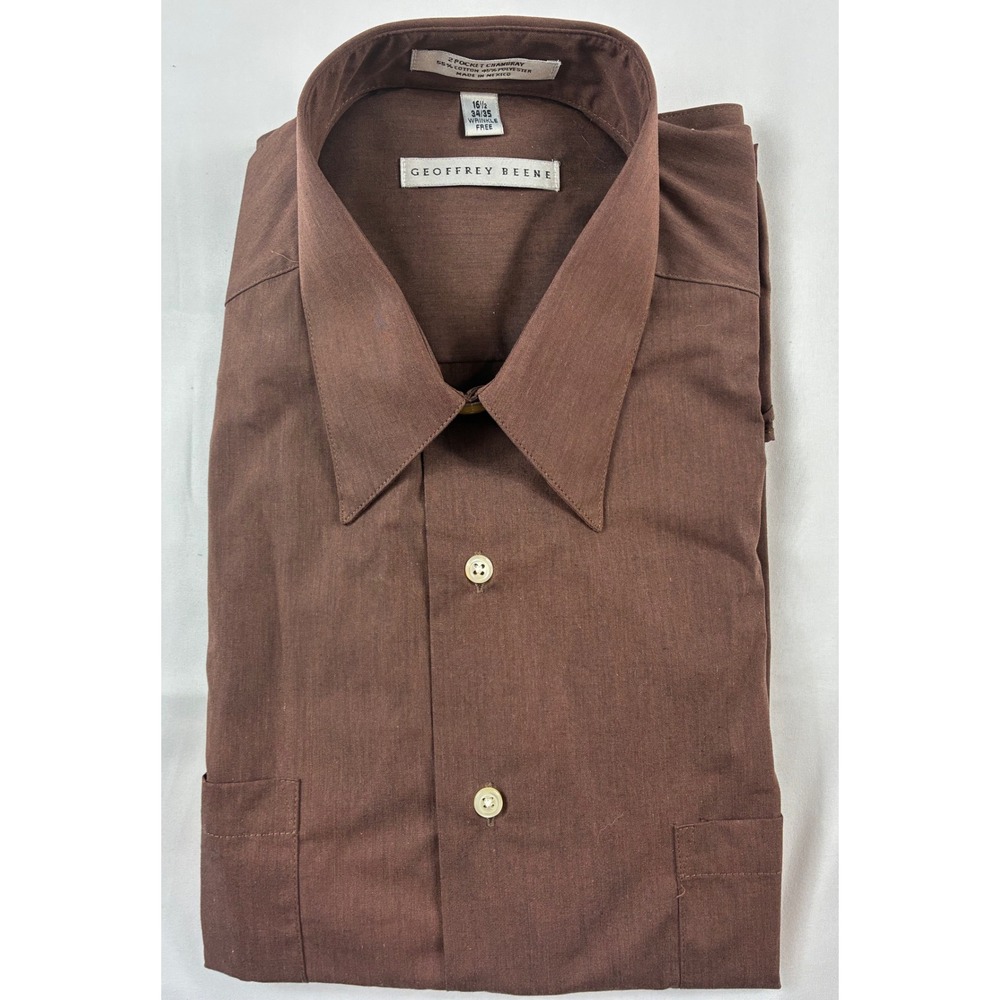 Geoffrey Beene Dress Shirt Mens 16.5 34/35 Brown 2-Pocket Wrinkle Free Chambray
